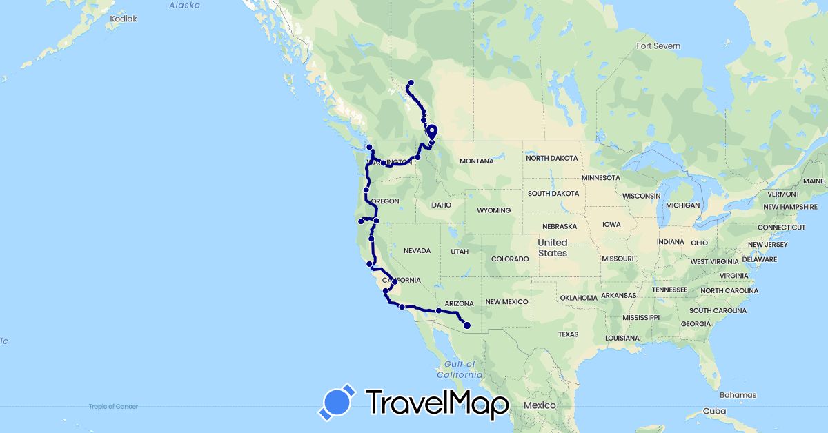 TravelMap itinerary: driving in Canada, United States (North America)