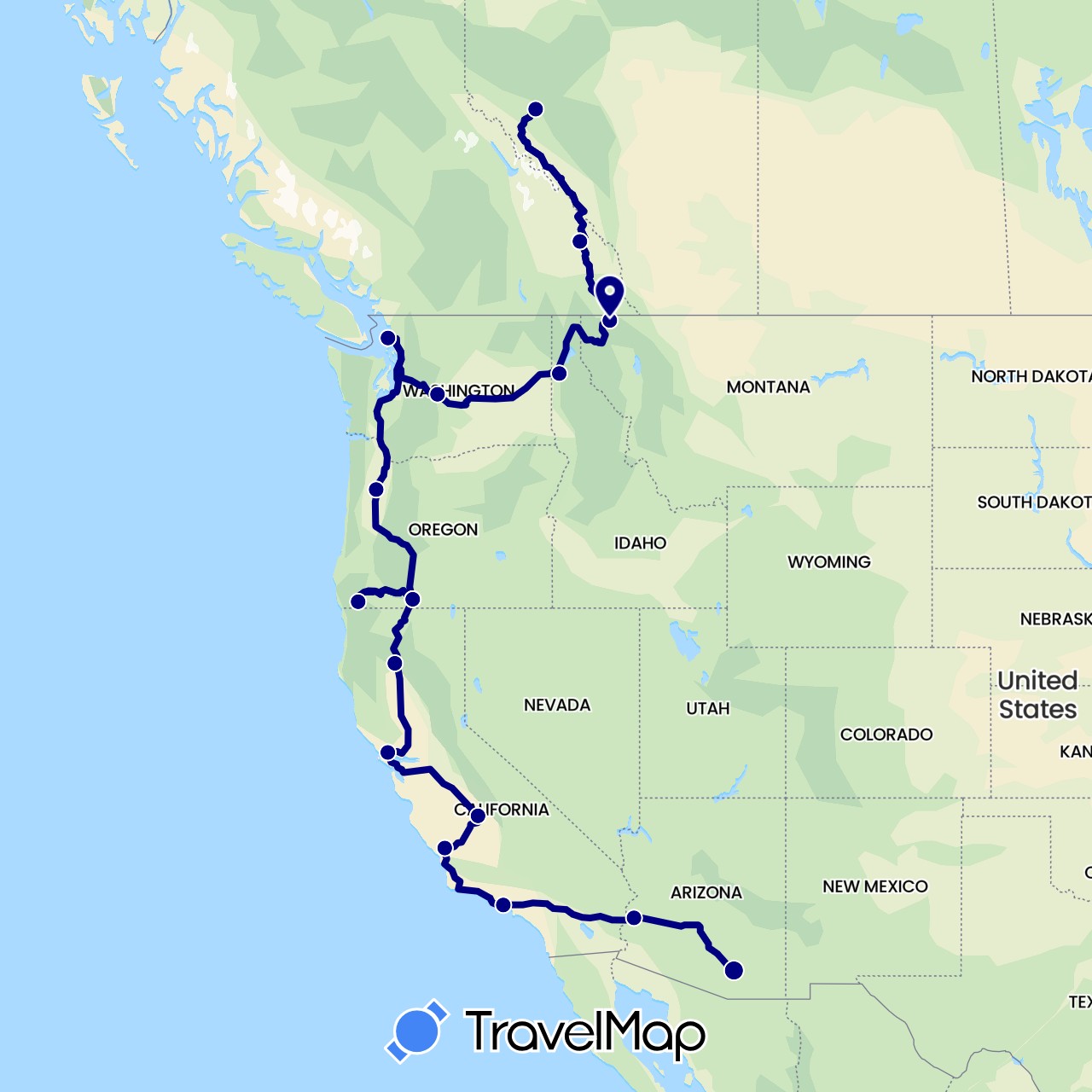 TravelMap itinerary: driving in Canada, United States (North America)